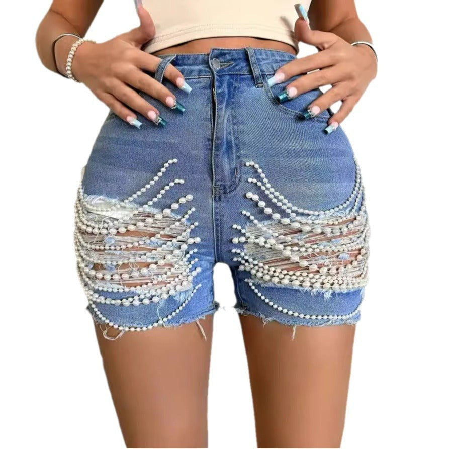 Denim Shorts High Waist Slimming Handmade Bead Necklace Ripped