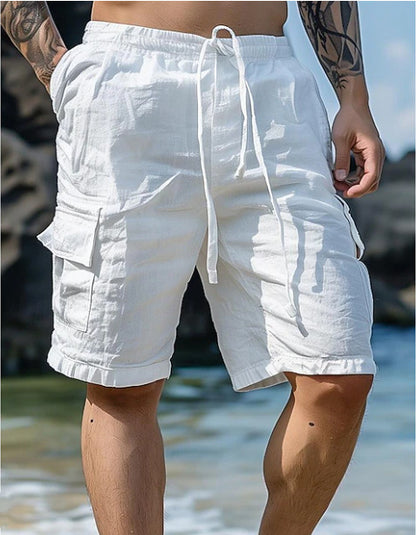 Cotton Linen Shorts Drawstring Elastic Waist Straight Leg Solid Color Breathable Beach Shorts