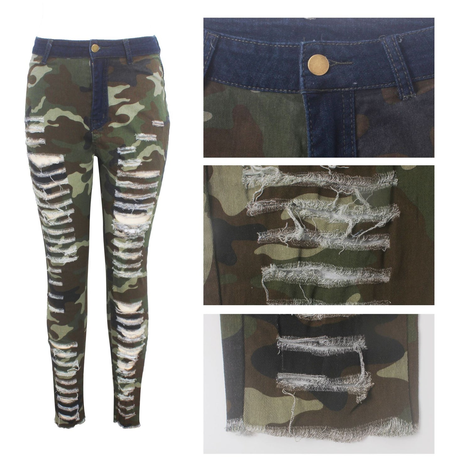 Women's Sexy Personality Ripped High-waisted Leggings And Frayed Camouflage Feet Pants