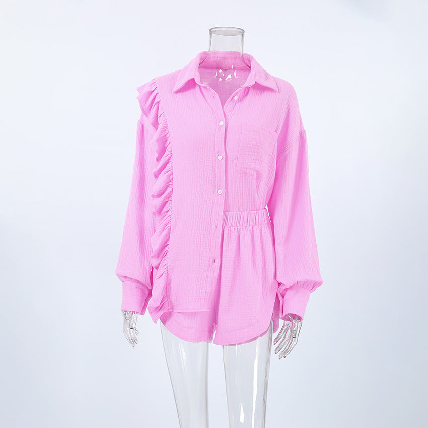 Solid Color Pure Cotton Ruffles Long Sleeve Shorts Suit