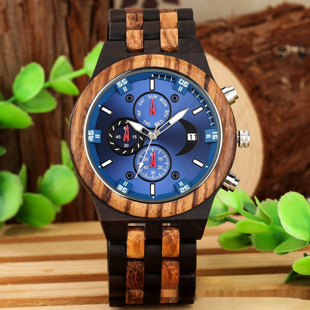 New Multi-functional Calendar Full Wood Band Quartz Watch