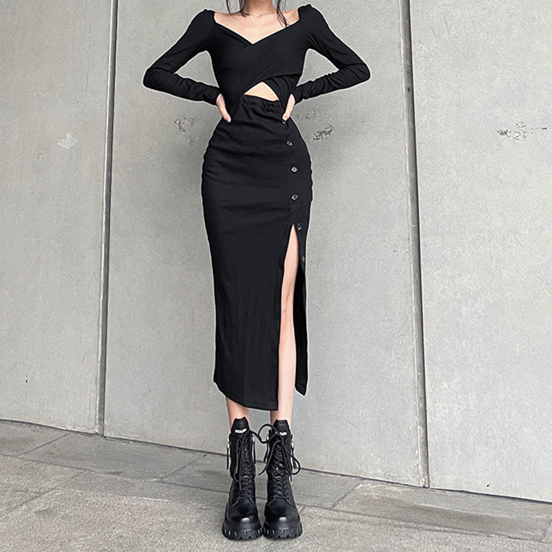 Slit-Breasted Knit Long Dress Women's Fashion