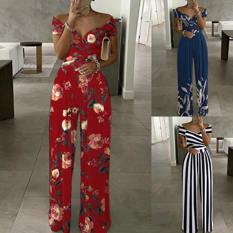 Fashion Off-shoulder Printed Temperament Commute Casual High Waist Jumpsuit Women