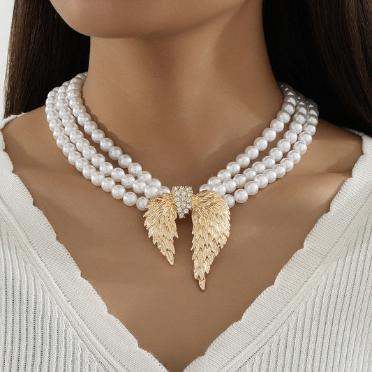 Retro Pearl Wings Multi-layer Necklace