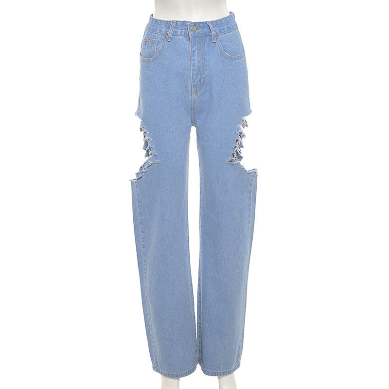 High Waist Slim Straight Pants Ripped Casual Jeans