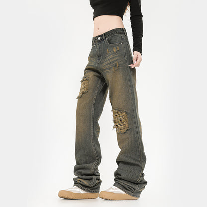 Retro Washed Ripped Jeans Straight American High Street Jeans