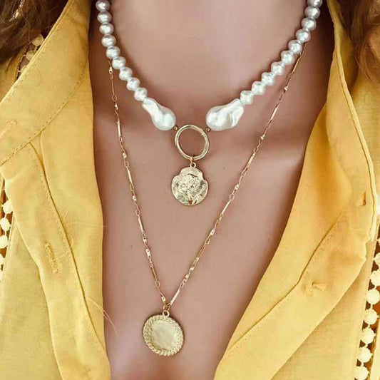 Gold Queen Coin Card Neck Beaded Shaped Pearl Multi-layer Necklace For Women