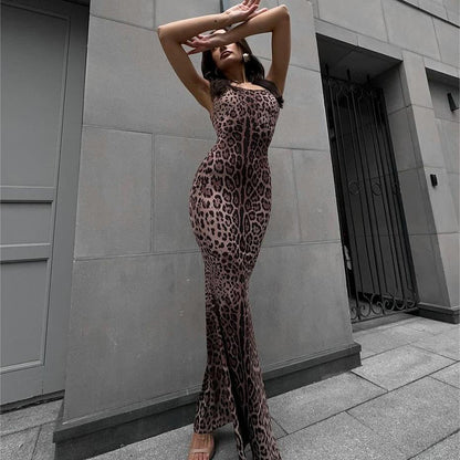 Sexy Leopard Print Backless Sling Dress Women