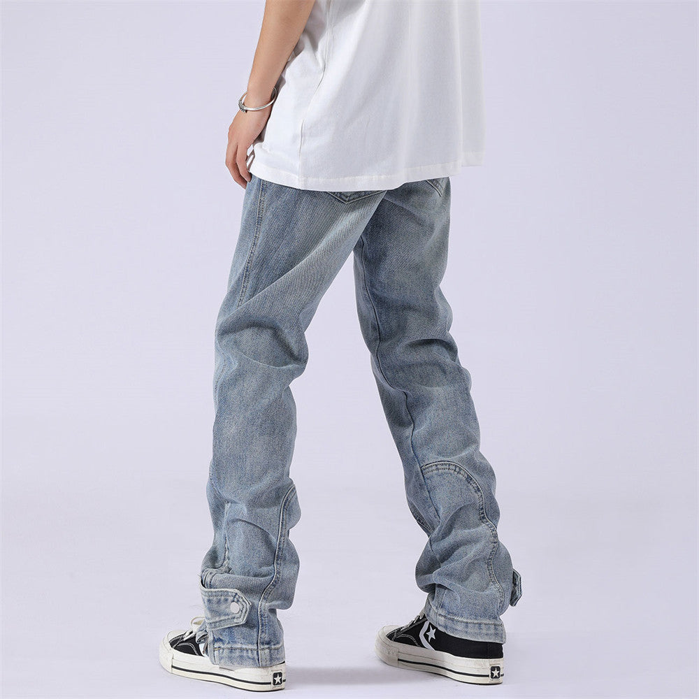 Solid Colour Patchwork Straight-leg Jeans For Men