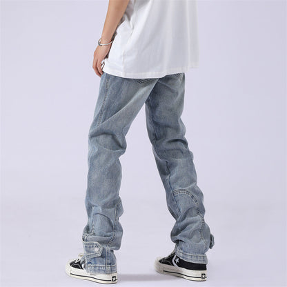 Solid Colour Patchwork Straight-leg Jeans For Men