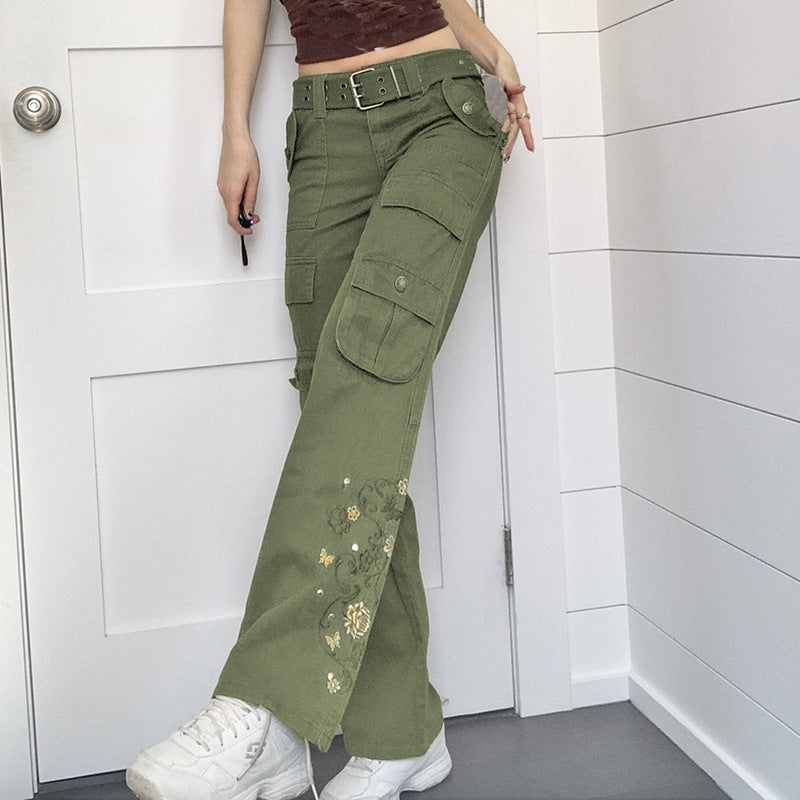 Vintage Red Embroidered Trousers Pocket Low Waist Jeans