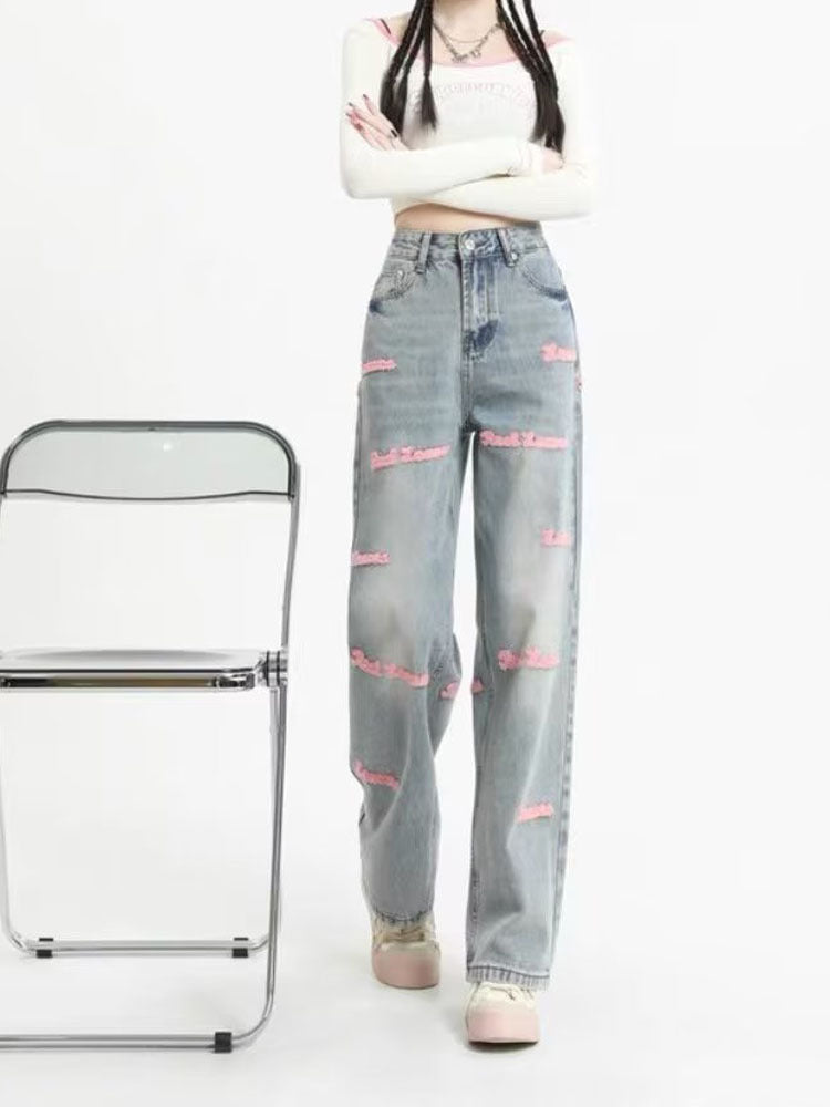 Letter Embroidered Straight Jeans Design