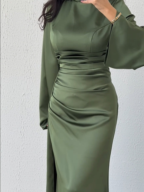 Solid Pleated Long-sleeve Maxi Dress