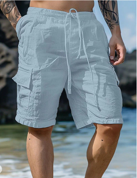 Cotton Linen Shorts Drawstring Elastic Waist Straight Leg Solid Color Breathable Beach Shorts