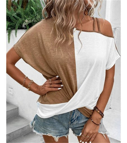 Two-color Color Cotton Stitching Women's Shoulder Strap T-shirt Cross Short Sleeve Top