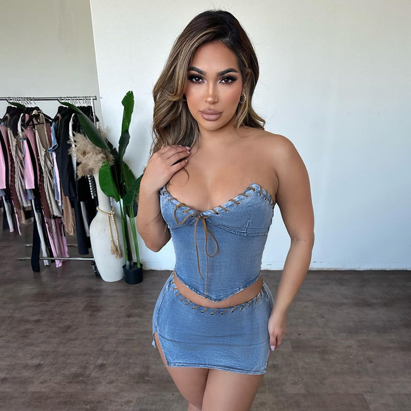 Fashion Denim Tube Top Skirt Sexy Suit