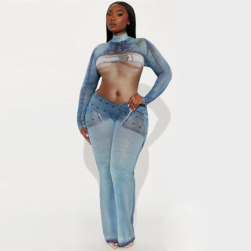 Denim Printing Mesh See-through Jumpsuit