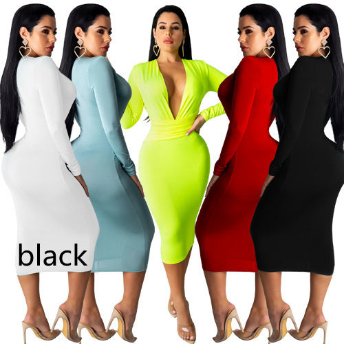 Deep V Neck Hip Dress Long Sleeve Dress