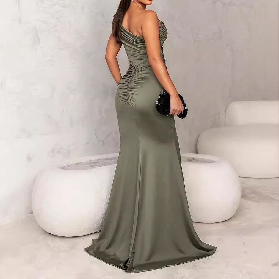 Summer Off-shoulder Solid Color Slit Dress