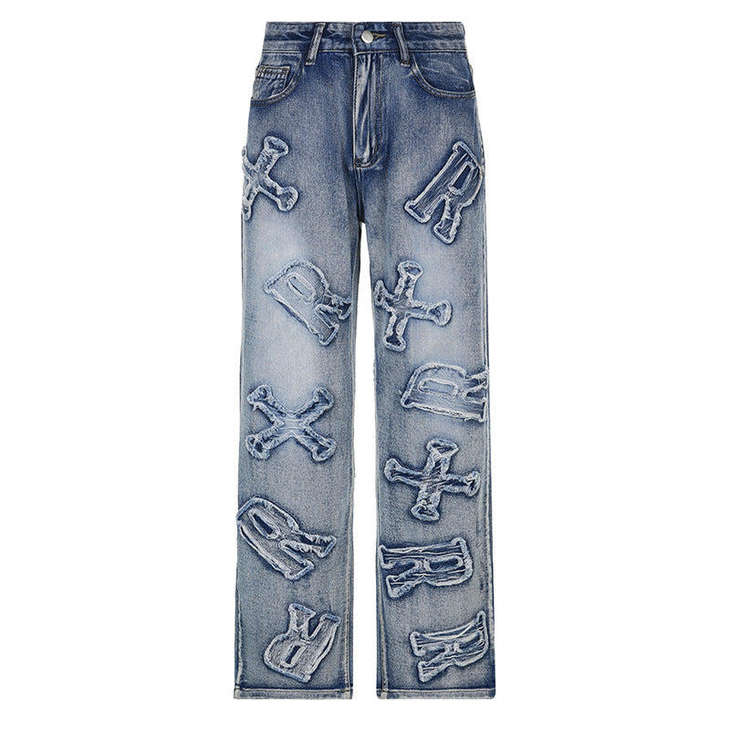 Personalized Letter Patch Straight Jeans Street