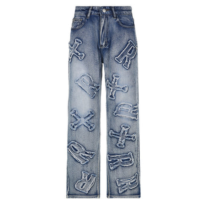 Personalized Letter Patch Straight Jeans Street