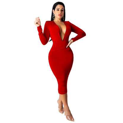 Deep V Neck Hip Dress Long Sleeve Dress