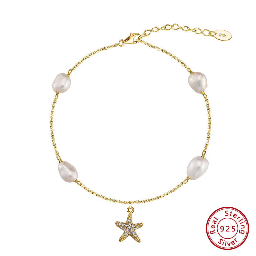 Sterling Silver Beach Style Pearl Five-pointed Star Pendant Anklet