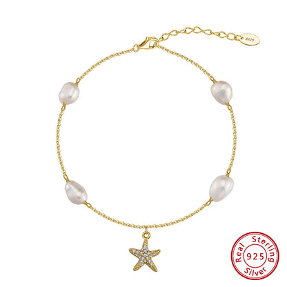 Sterling Silver Beach Style Pearl Five-pointed Star Pendant Anklet