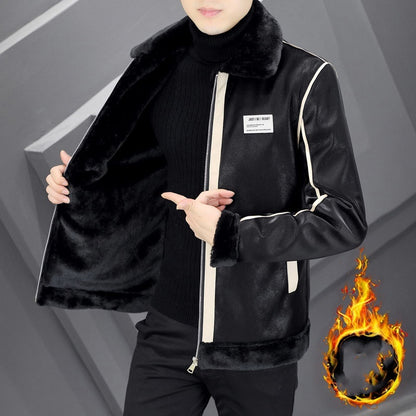 Coat Men's Warm With Velvet Thickened Suede Leather Coat Cotton-padded Coat Fur Integrated