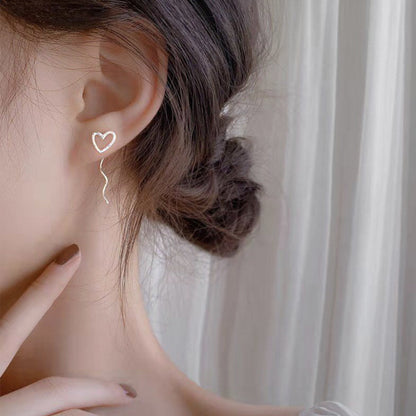 Sterling Silver Hollow Heart Wavy Ear Threads Female Niche Design