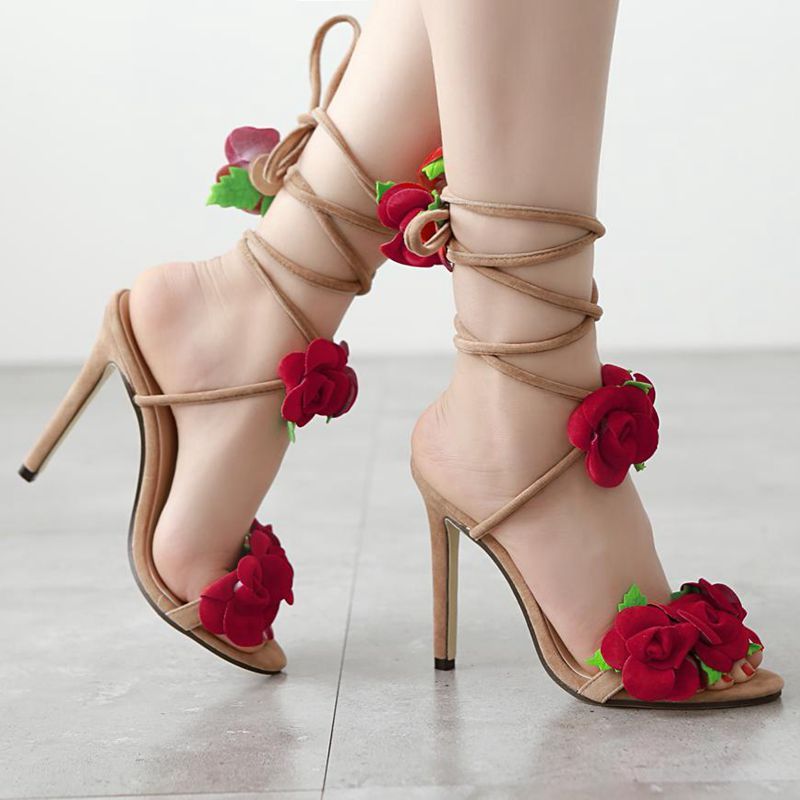 Rose Cross Lace Up Heel Sandals