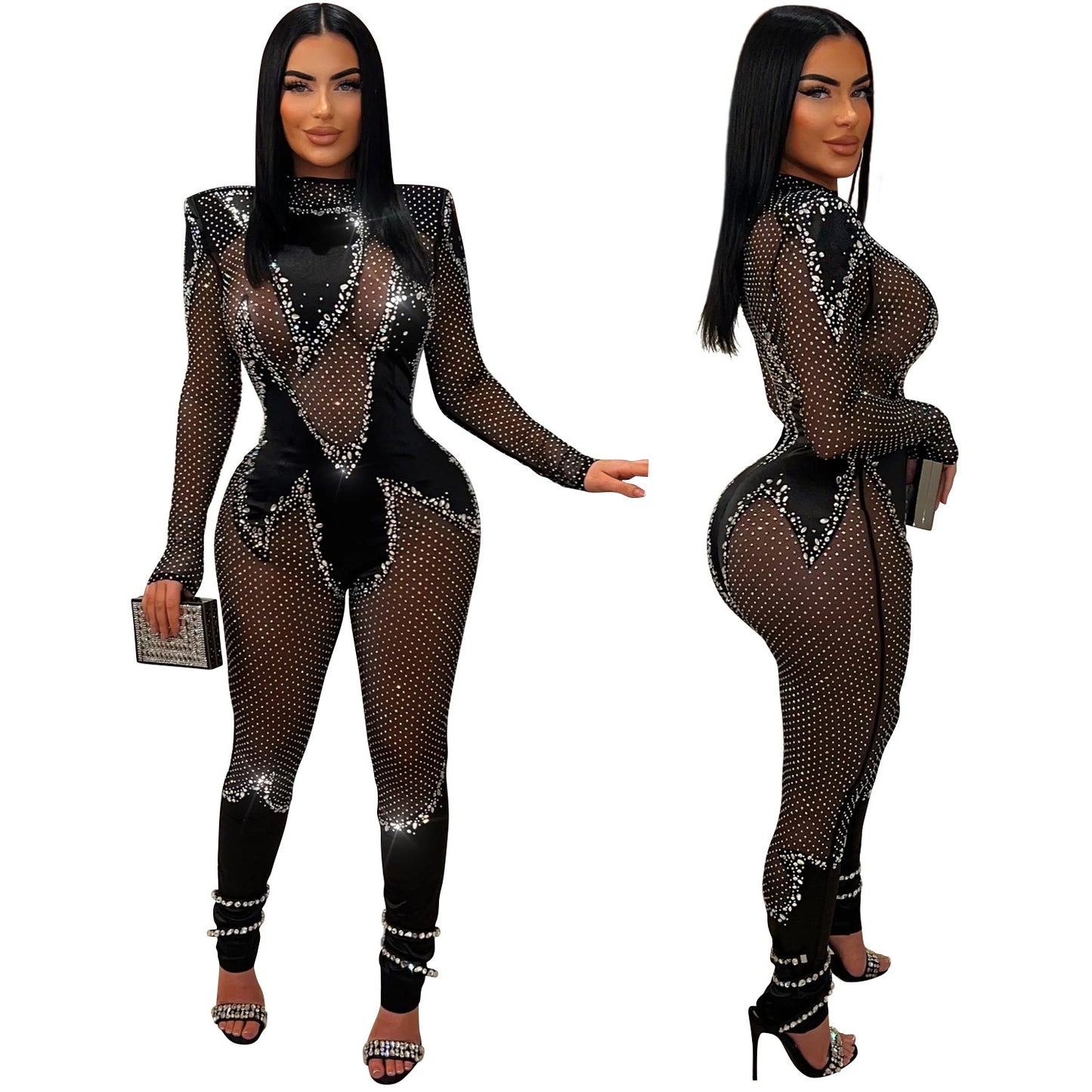 Wear Pure Color Mesh Rhinestone Long-sleeved Trousers Jumpsuit