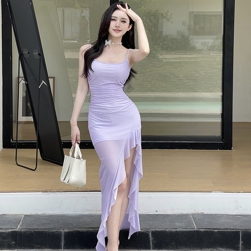 Women's Mesh Backless Ruffles Split Sling Dress