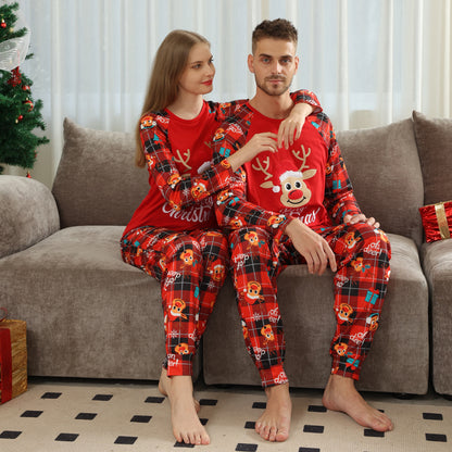 Long Sleeve Home Wear Printed Plaid Christmas Suit