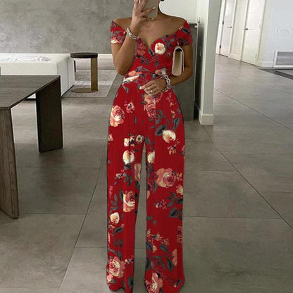 Fashion Off-shoulder Printed Temperament Commute Casual High Waist Jumpsuit Women