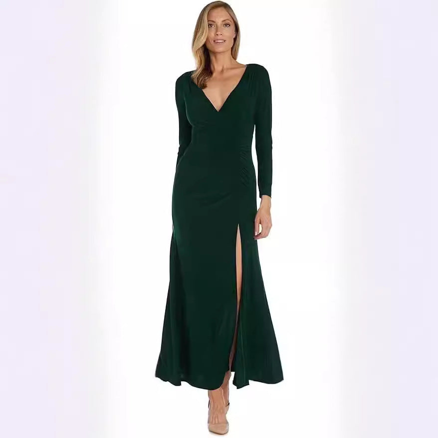 Skinny V-neck Pleated Long Sleeve Dress