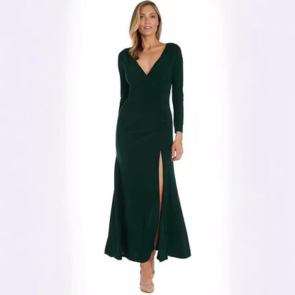 Skinny V-neck Pleated Long Sleeve Dress