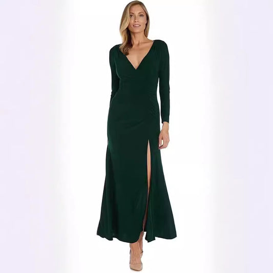 Skinny V-neck Pleated Long Sleeve Dress