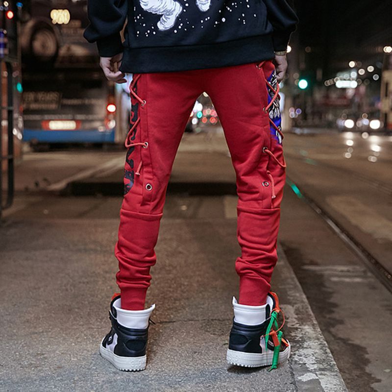 Men's high street hip hop print wearing rope harem pants feet pants