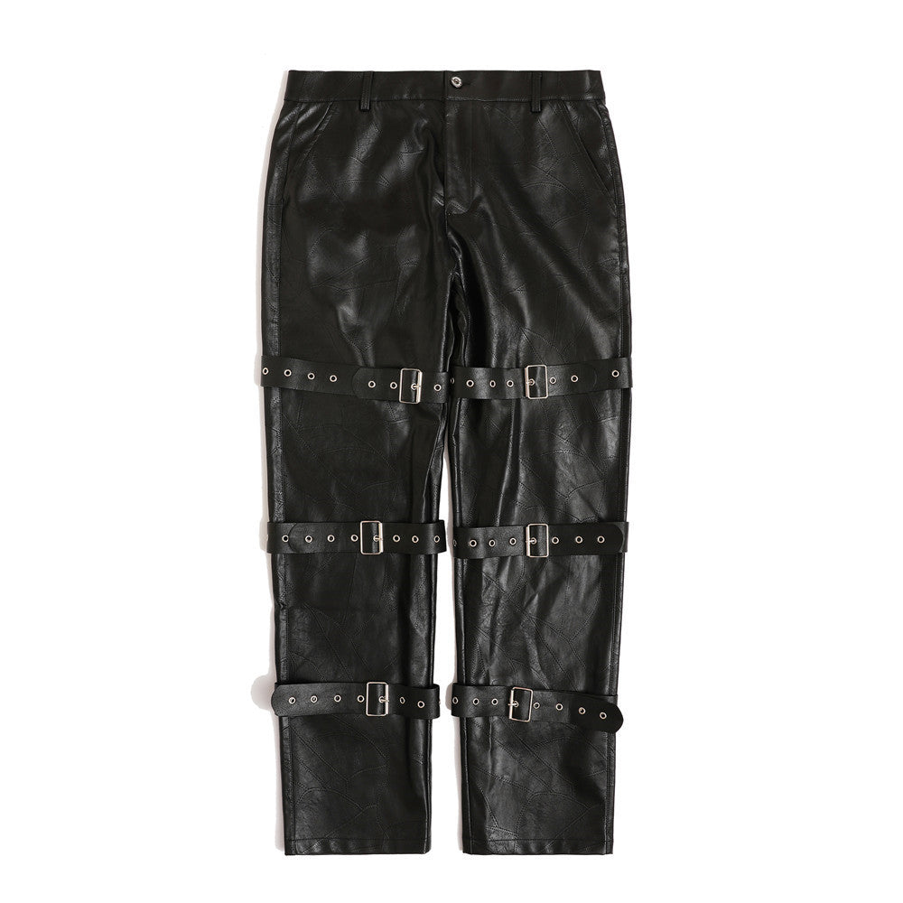 Punk Style Tie Design PU Leather Pants For Men