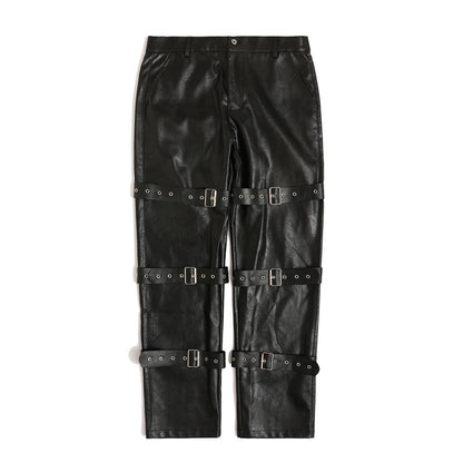 Punk Style Tie Design PU Leather Pants For Men