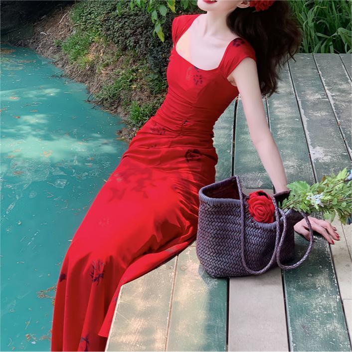 Red Rose Fishtail Skirt Women's Bright Red Square Collar Holiday Vest Camisole Dress