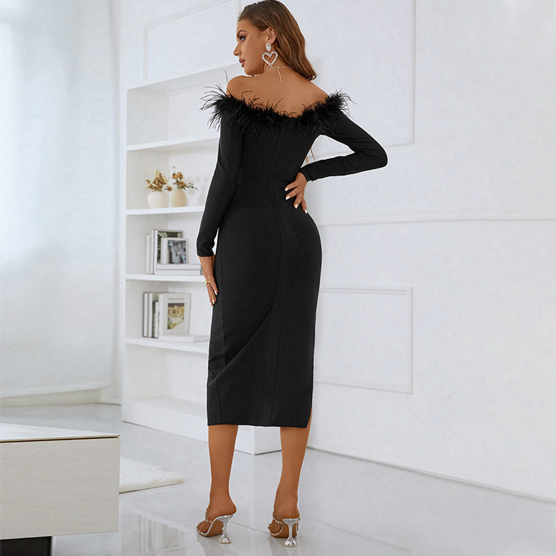 Long Sleeve One-Line Neck Dress Bandage Premium Feather