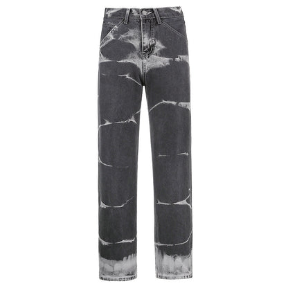 Fashion Ladies Tie Dye Drape Straight Leg Jeans