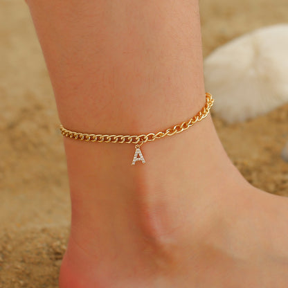 Trendy Uppercase Diamond Studded English Letter A Ankle Chain