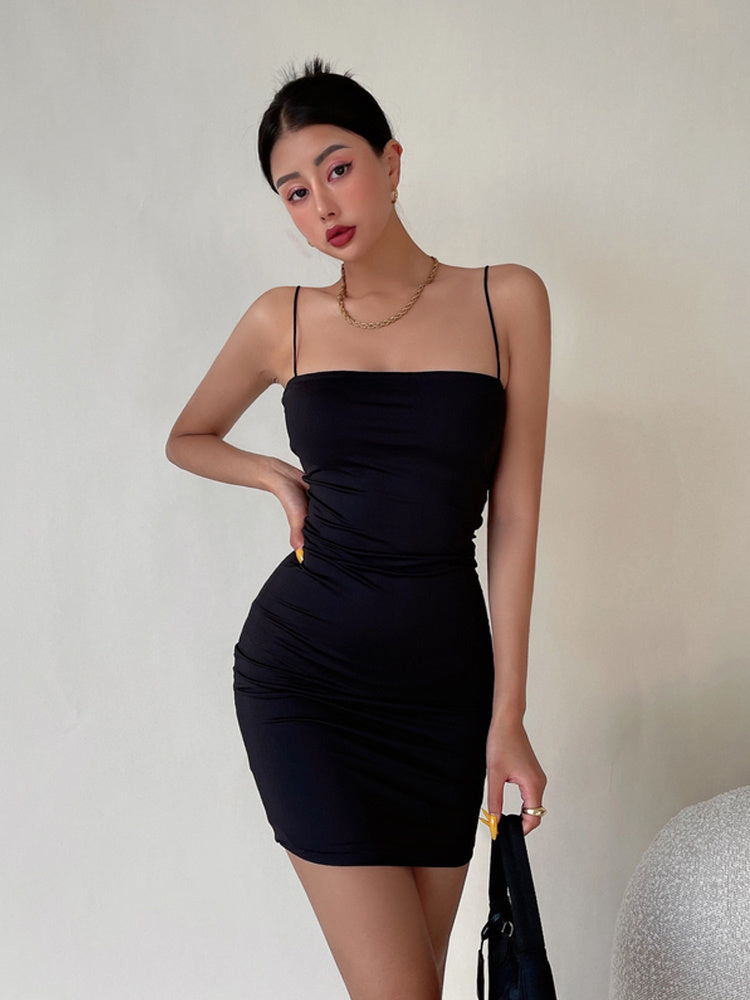 Thin Shoulder Straps Pleated Slim Bag Hip Dress