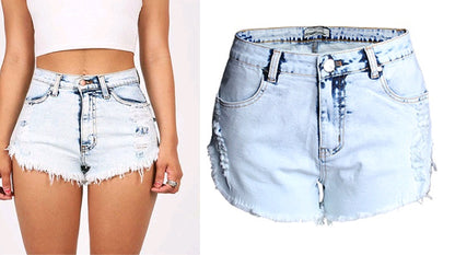 Ripped jeans women's high waist light color white worn off washed wool denim shorts