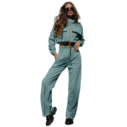 Zipper Double Bag Drawstring Long Sleeve Top Fashion Casual Trousers Suit Women