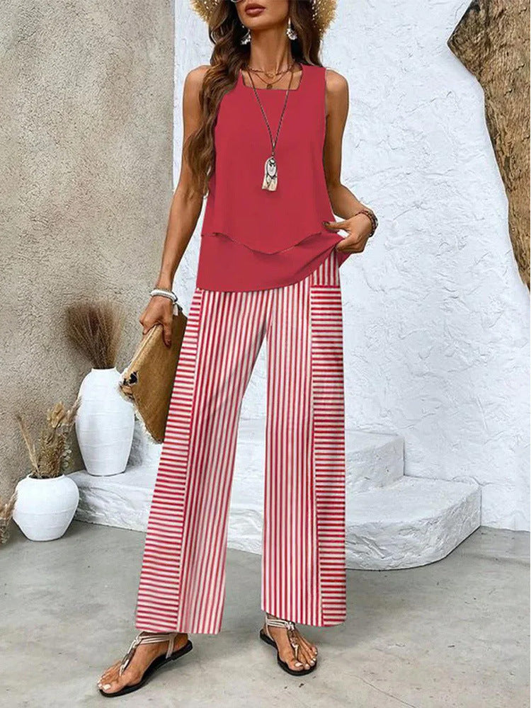 Women's Sleeveless Double Layer Vest Pants Suit