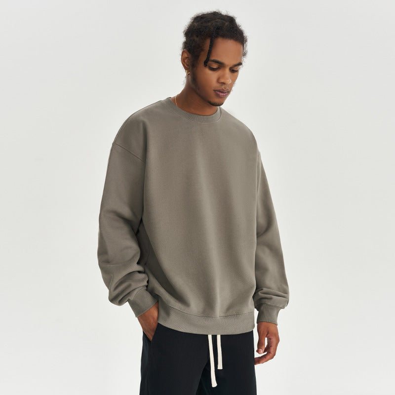 Solid Color Fleece-lined Crew Neck Sweater Men's Loose Heavy Thickening